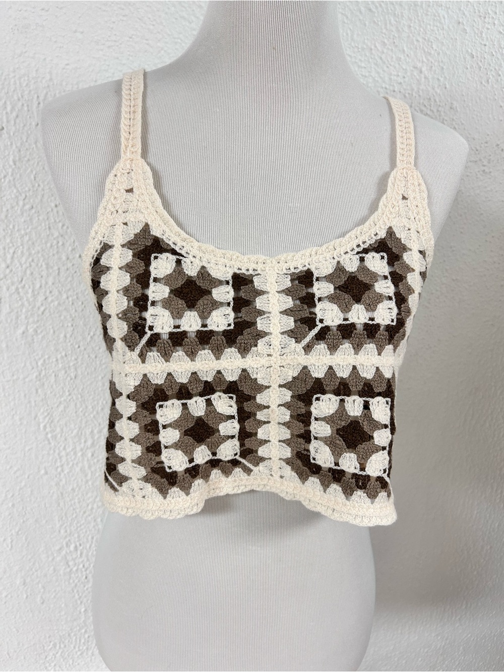 Rebellion Again Crochet Knit Crop Top Brown and Cream Womens NWOT SZ small BOHO